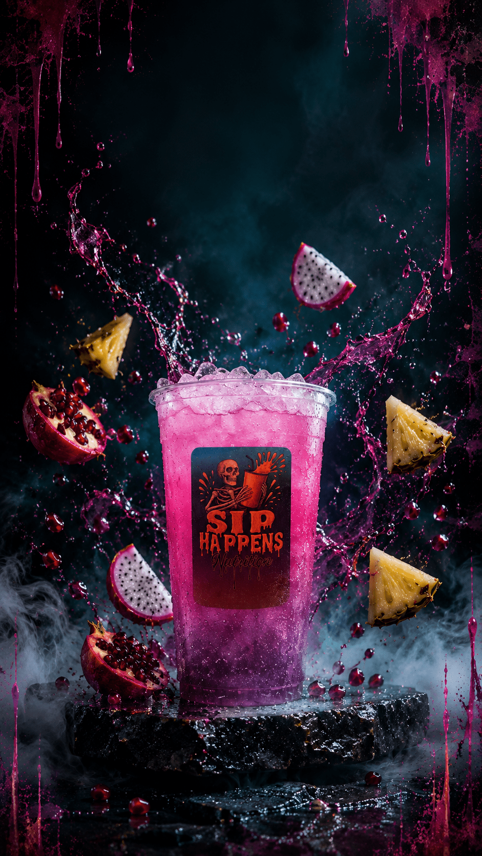 Sip Happens branded pink iced drink surrounded by splashing juice, dragon fruit, pineapple, and pomegranate on a dark dramatic background