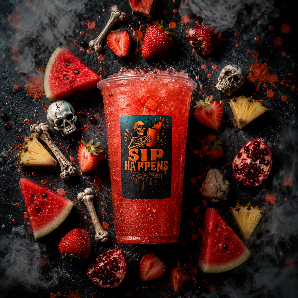 Sip Happens Nutrition red fruit drink surrounded by watermelon, strawberries, pineapple, and pomegranate with spooky skull decorations