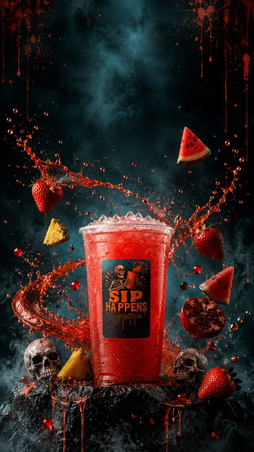 Sip Happens Nutrition red iced drink surrounded by splashing juice, strawberries, watermelon, pineapple, and pomegranate with a spooky skull theme