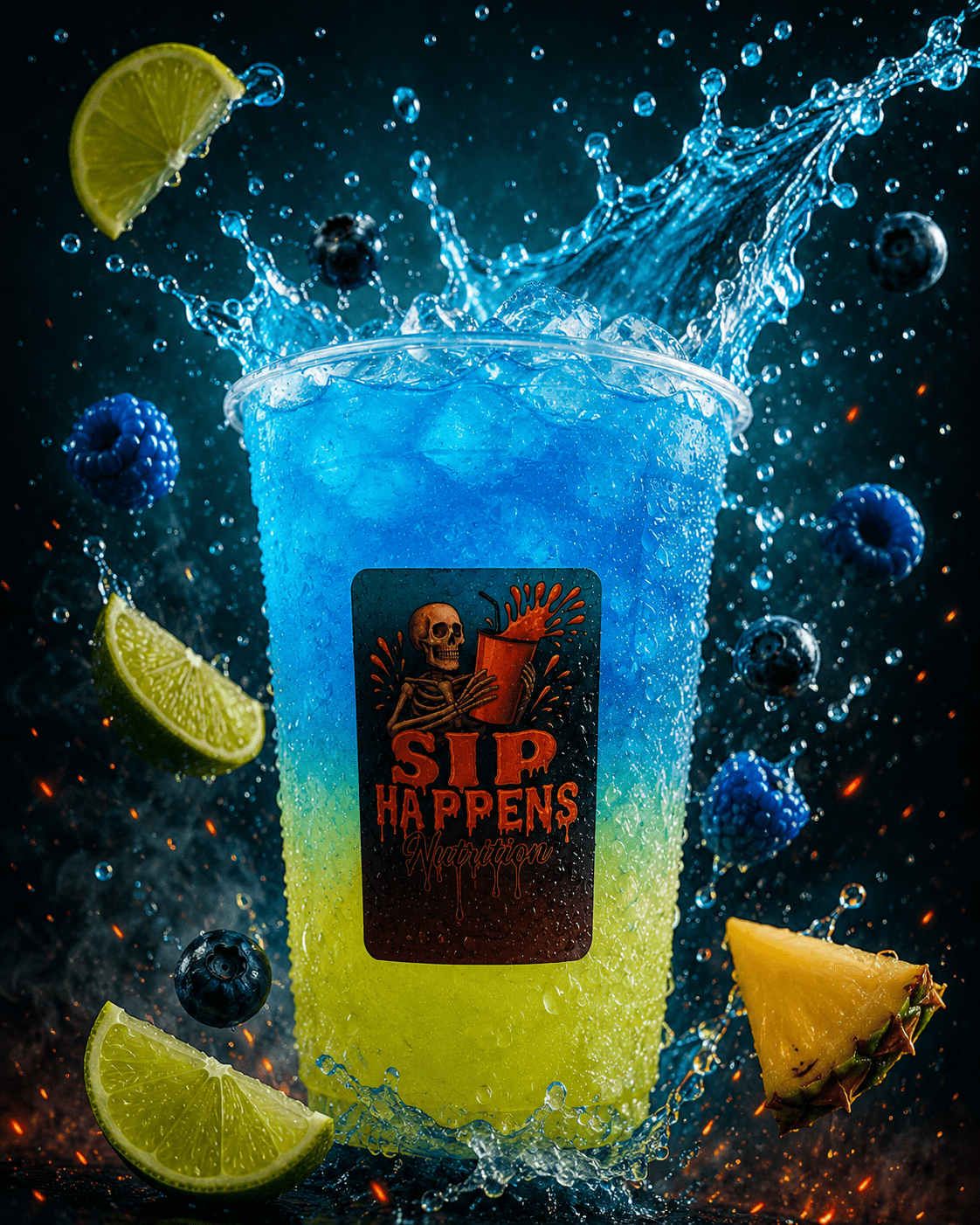 Sip Happens Nutrition iced drink with a blue-to-yellow gradient, surrounded by splashing water, blueberries, raspberries, lime wedges, and pineapple