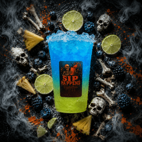 Sip Happens Nutrition iced drink in a cup with a blue-to-green gradient, surrounded by blueberries, blackberries, lime slices, pineapple, and decorative skulls and bones