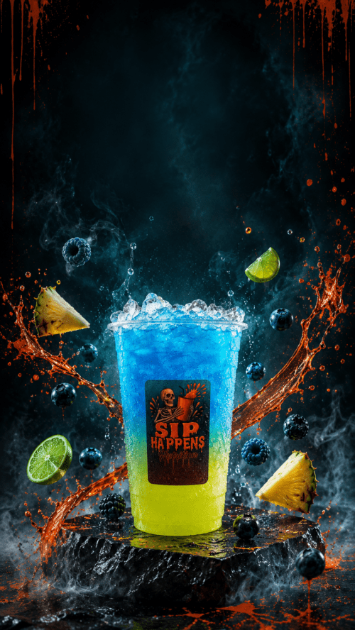 Sip Happens branded iced drink with a blue-to-yellow gradient, surrounded by blueberries, blackberries, pineapple, and lime with dramatic splashes