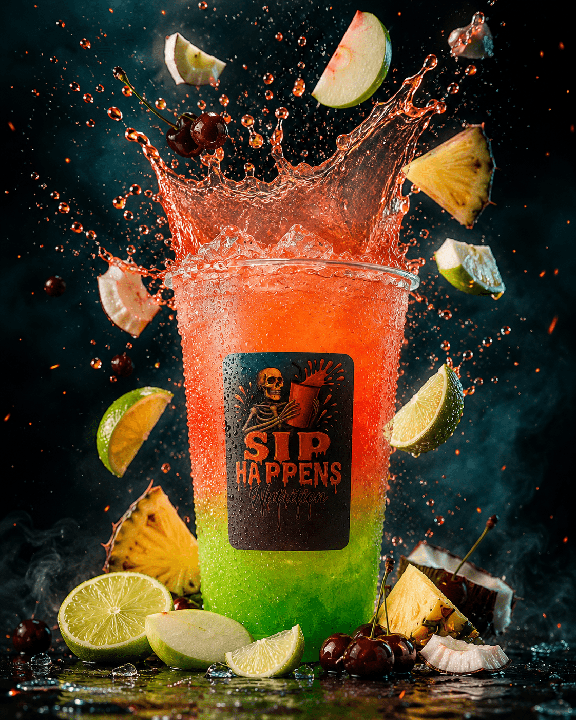 Sip Happens Nutrition drink cup with a red-to-green gradient, splashing liquid, surrounded by lime, cherry, pineapple, and apple pieces
