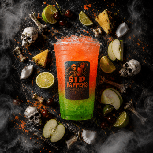Sip Happens Nutrition Halloween-themed drink with green-to-orange gradient, surrounded by fruit slices, skulls, and bones on a dark surface with fog