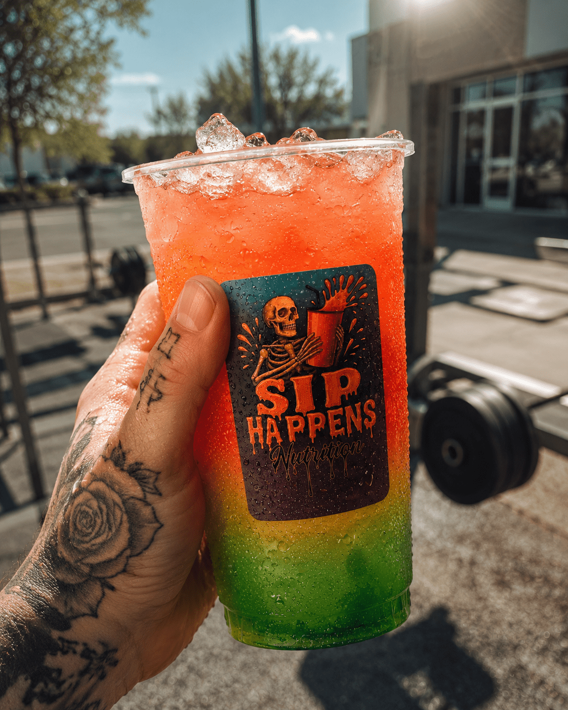 Tattooed hand holding a layered green-to-orange iced drink in a Sip Happens Nutrition cup outdoors near a barbell