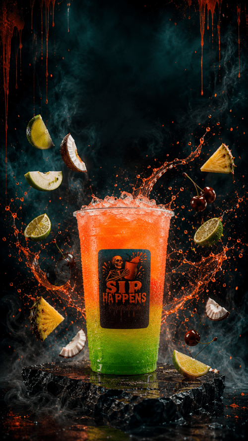 Sip Happens Nutrition layered green-to-orange iced drink surrounded by splashing liquid, cherries, lime, pineapple, and coconut pieces