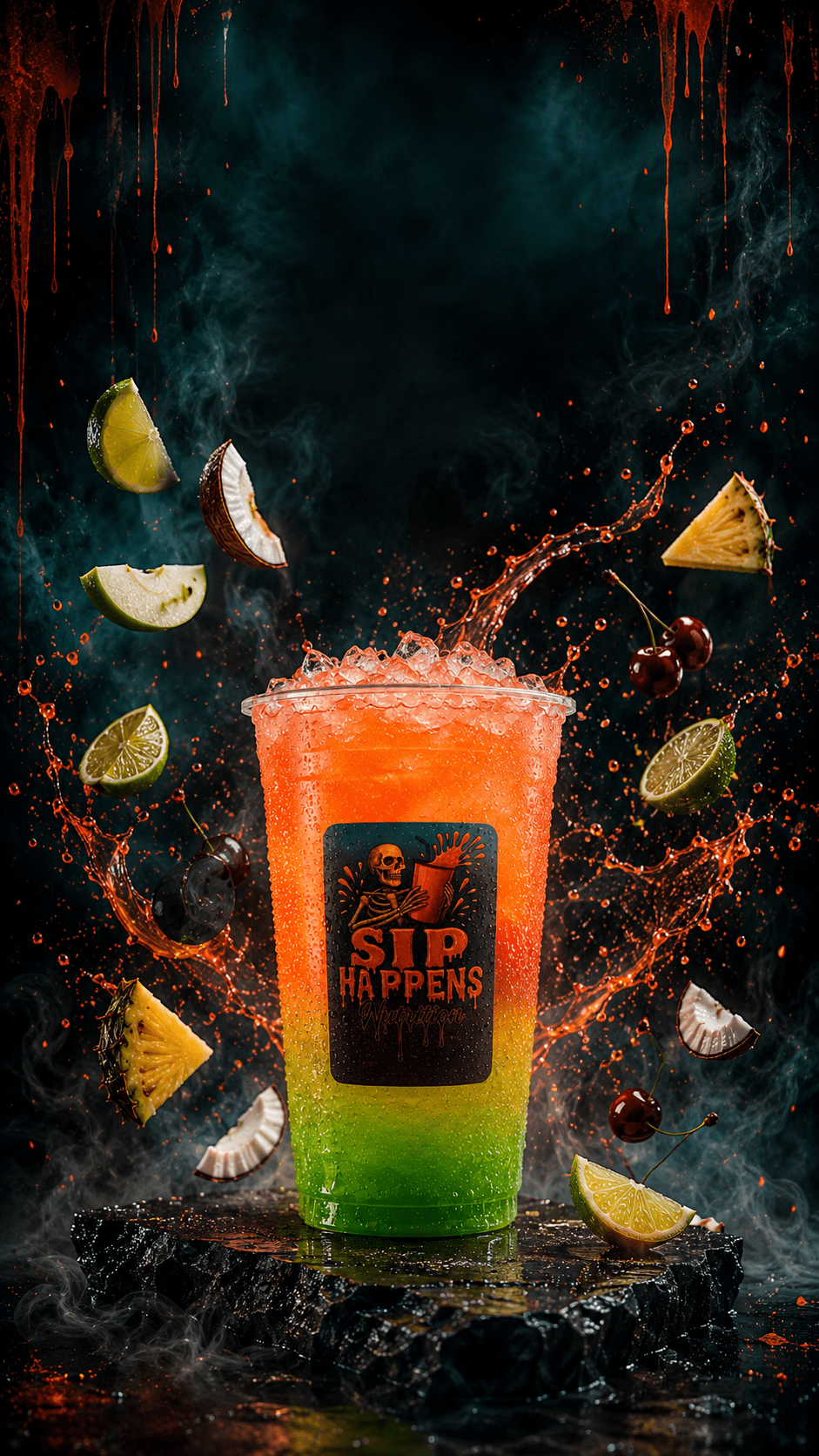 Sip Happens Nutrition layered green-to-orange iced drink surrounded by splashing liquid, cherries, lime, pineapple, and coconut pieces