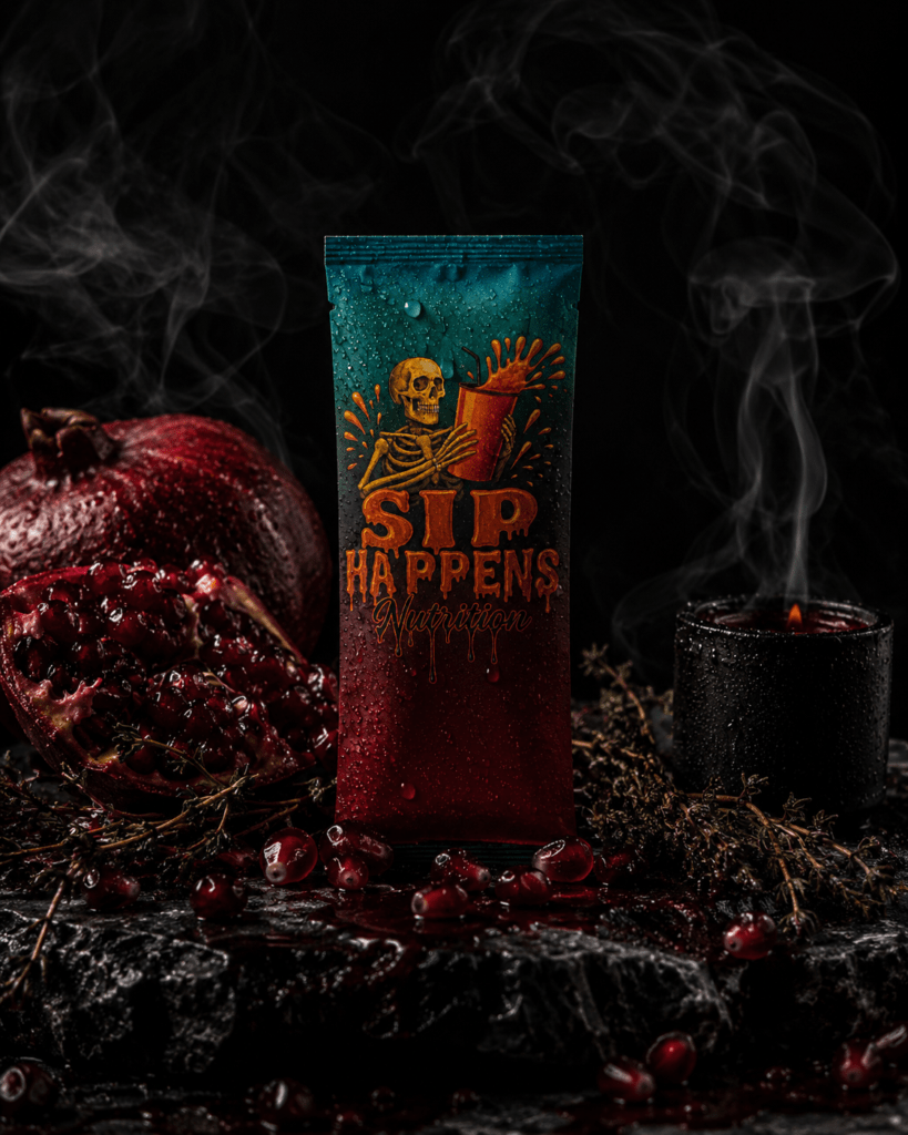 Sip Happens Nutrition single-serve packet surrounded by pomegranate, cranberries, and a lit candle in a dark, moody setting