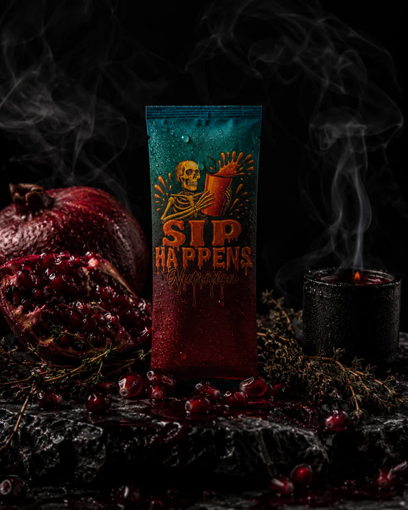 Sip Happens Nutrition single-serve packet surrounded by pomegranate, cranberries, and a lit candle in a dark, moody setting