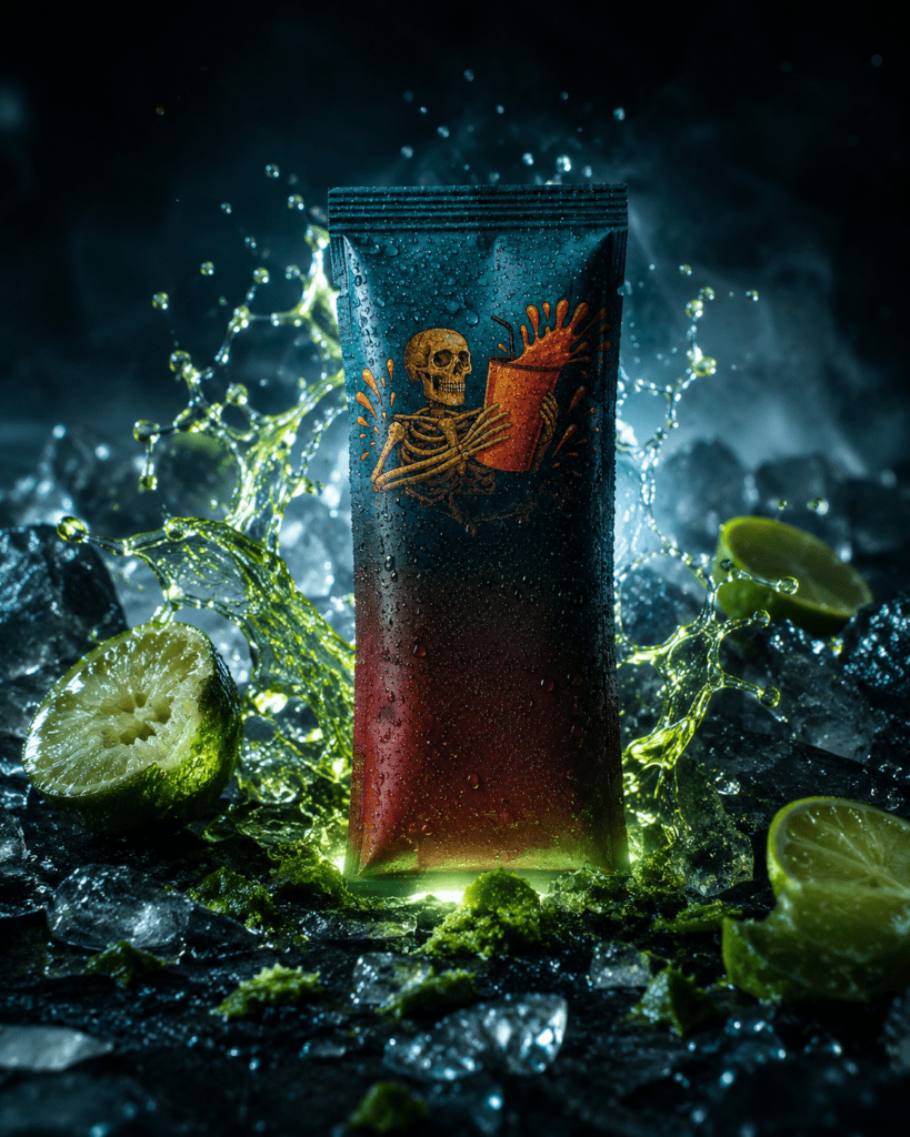 Dark foil pouch with a skeleton holding a drink, surrounded by lime slices, ice, and green liquid splashes