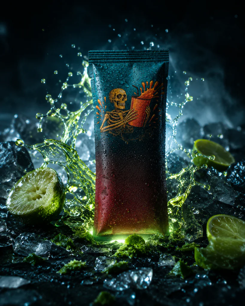 Dark foil pouch with a skeleton holding a drink, surrounded by lime slices, ice, and green liquid splashes