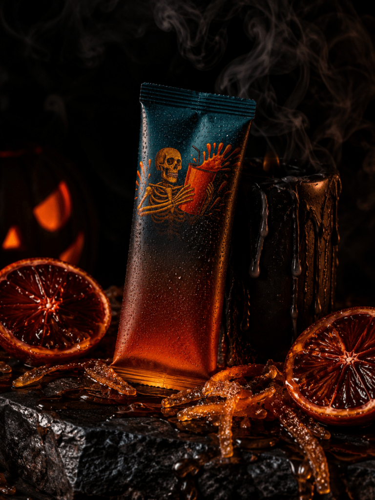Dark-themed product pouch with skeleton illustration, surrounded by blood oranges, candied citrus peel, and a dripping black candle