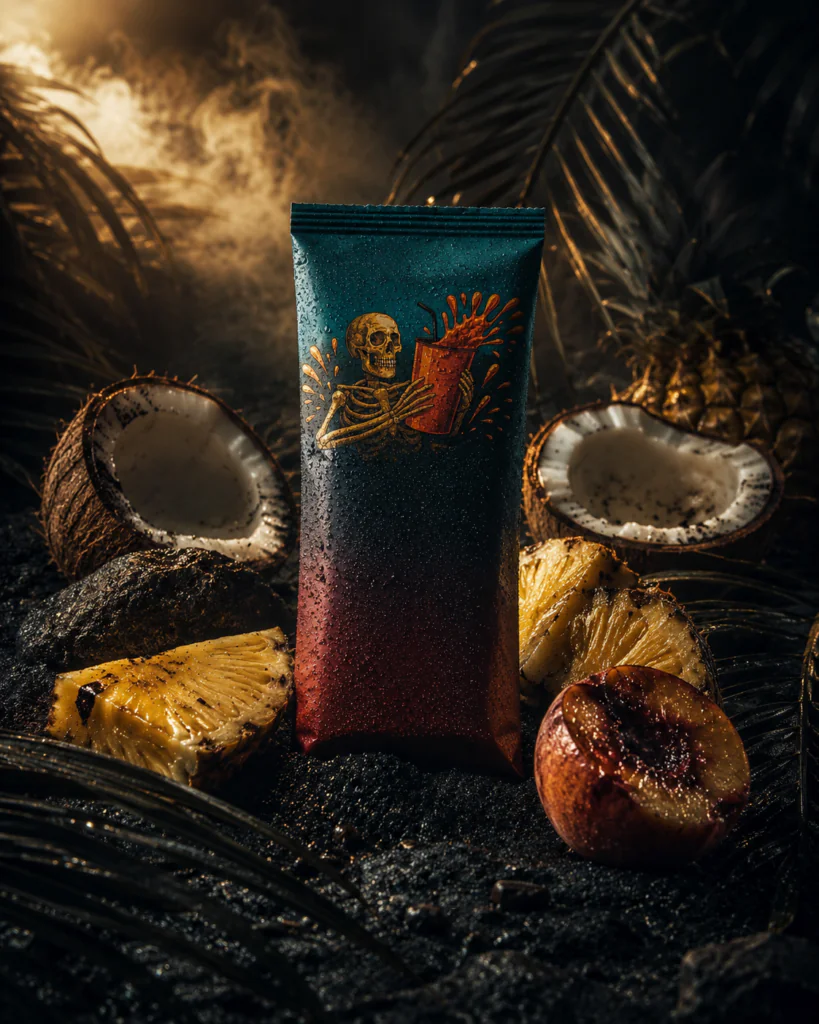 Dark teal-to-red gradient snack pouch with a skeleton graphic, surrounded by coconut halves, pineapple slices, and a peach on black sand