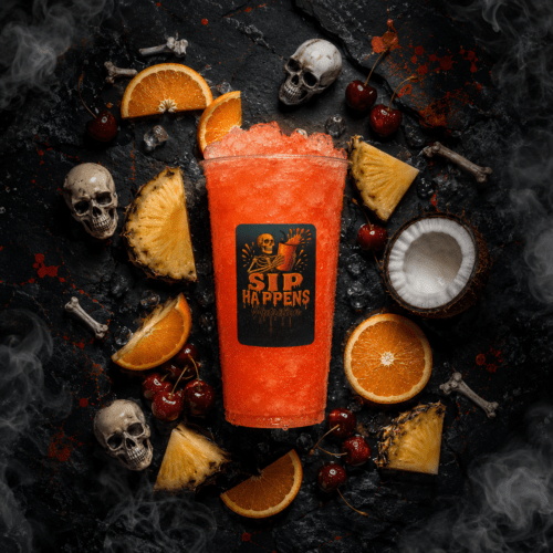 Sip Happens Nutrition orange slush drink surrounded by tropical fruits, cherries, and decorative skulls on a dark, smoky background