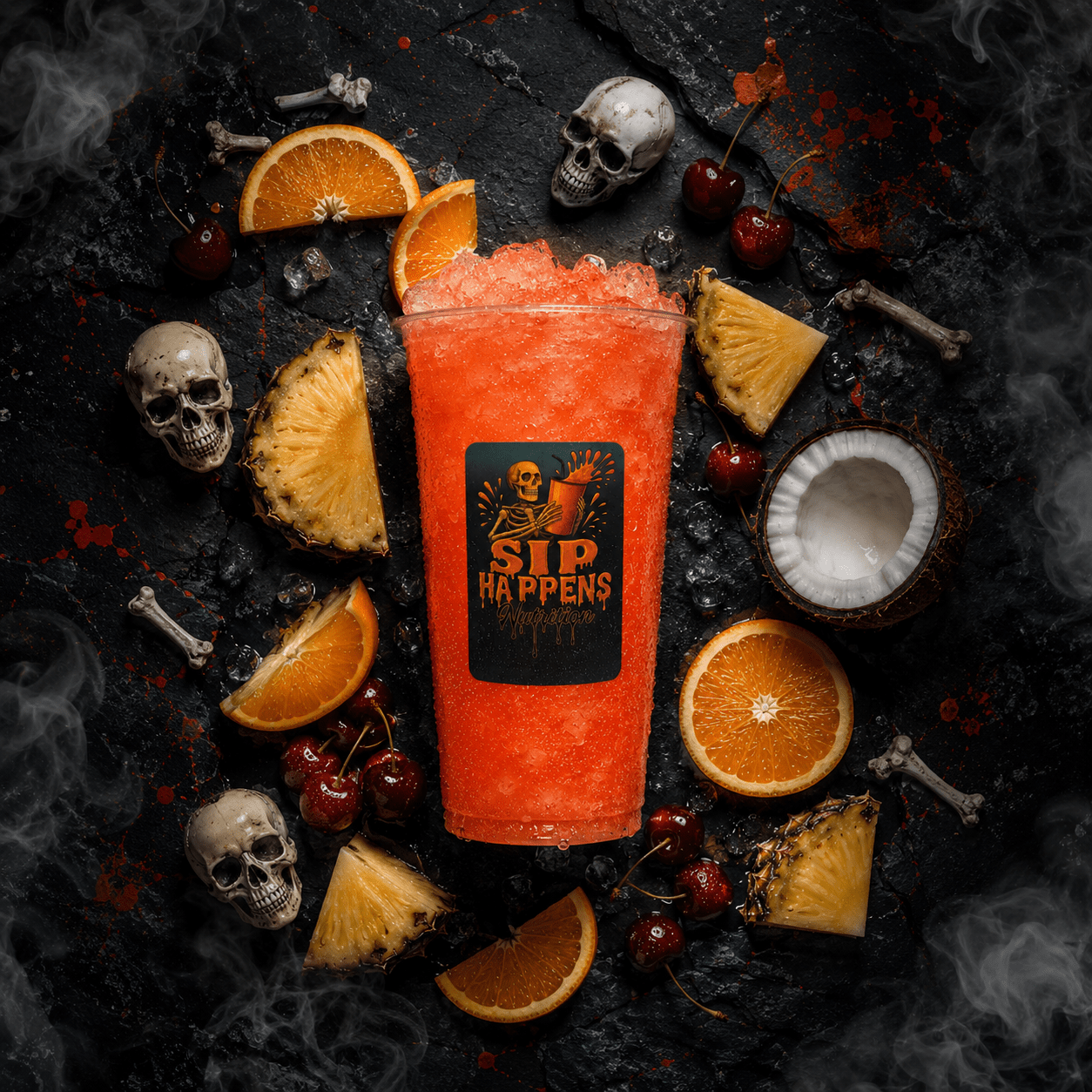 Sip Happens Nutrition orange slush drink surrounded by tropical fruits, cherries, and decorative skulls on a dark, smoky background