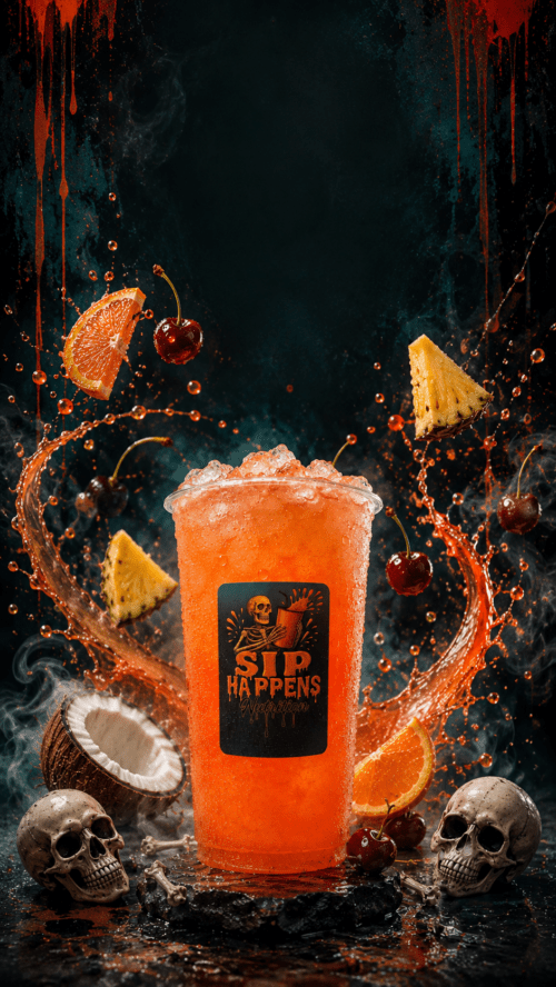Sip Happens Nutrition orange fruit drink with crushed ice, surrounded by splashing juice, cherries, pineapple, orange, and coconut on a dark, spooky background
