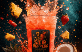 Sip Happens Nutrition red tropical drink splashing with strawberries, pineapple, and coconut flying around the cup