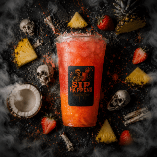 Sip Happens Nutrition iced drink with a red-orange hue, surrounded by pineapple, strawberries, coconut, and Halloween skull props with dry ice smoke