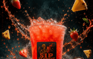 Sip Happens Nutrition iced red drink surrounded by splashing liquid, strawberries, pineapple chunks, and coconut on a dark smoky background