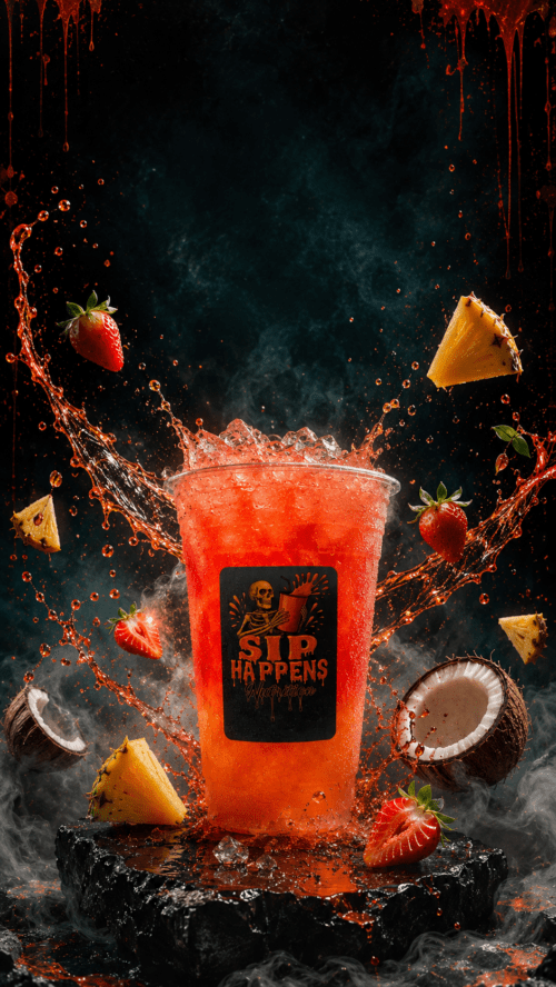 Sip Happens Nutrition iced red drink surrounded by splashing liquid, strawberries, pineapple chunks, and coconut on a dark smoky background
