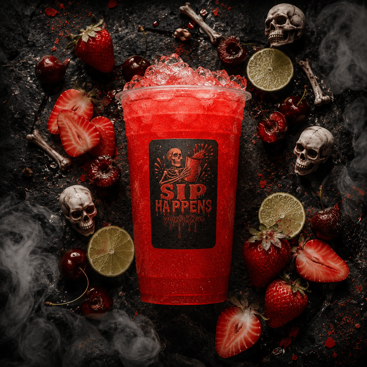 Sip Happens Nutrition red iced drink surrounded by strawberries, cherries, and limes on a dark surface with skull decorations