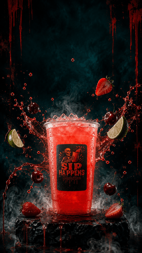 Sip Happens Nutrition red iced drink surrounded by splashing liquid, strawberries, cherries, and lime wedges on a dark, dramatic background