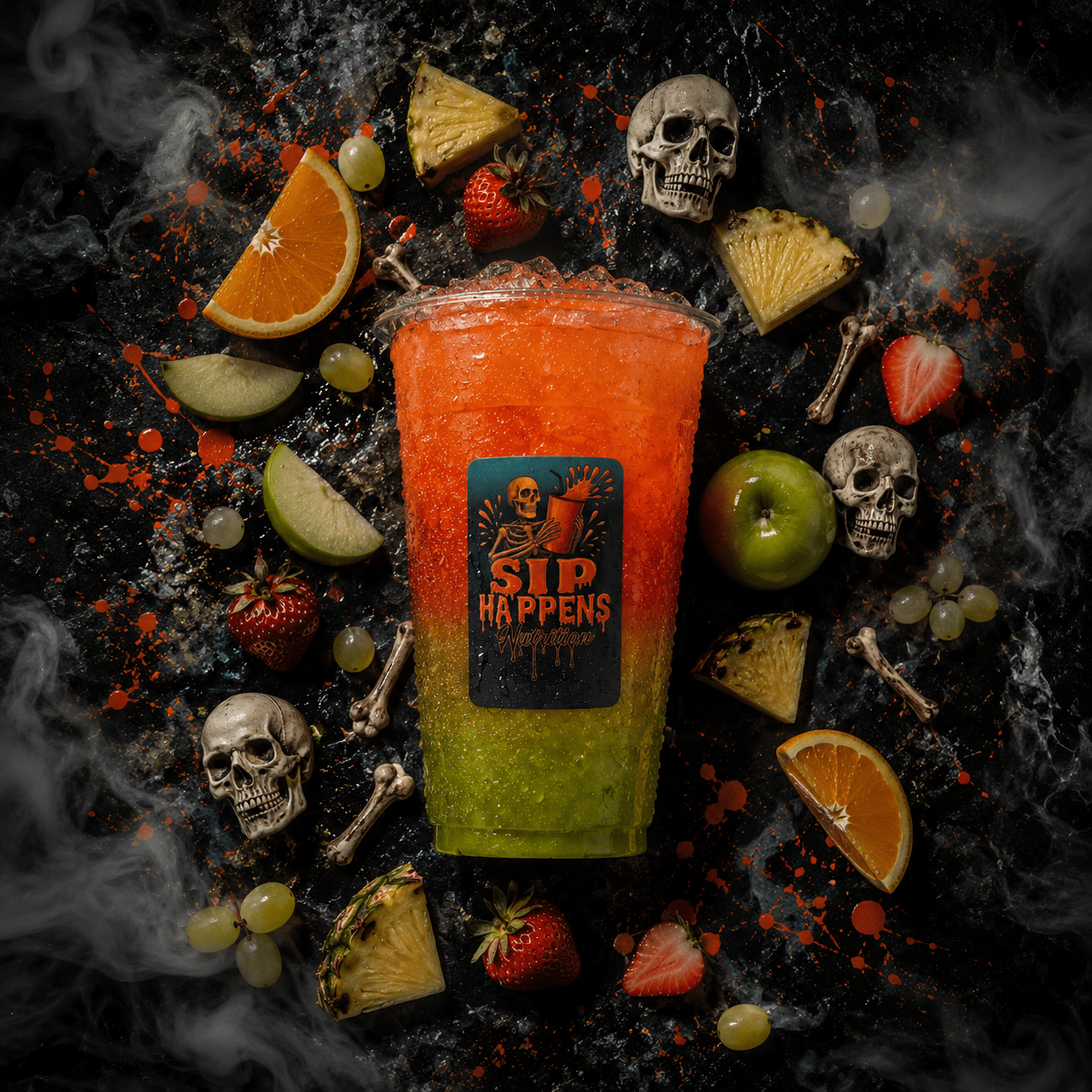 Sip Happens Nutrition layered fruit drink in a cup, surrounded by fresh fruit, skulls, and bones on a dark smoky background