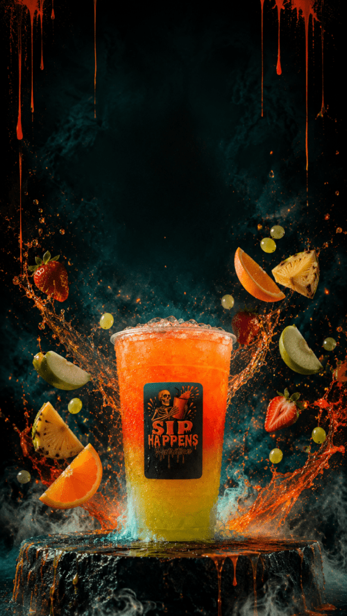 Sip Happens water bar branded cup with a layered orange-to-yellow frozen drink, surrounded by flying tropical fruits and dramatic splashes