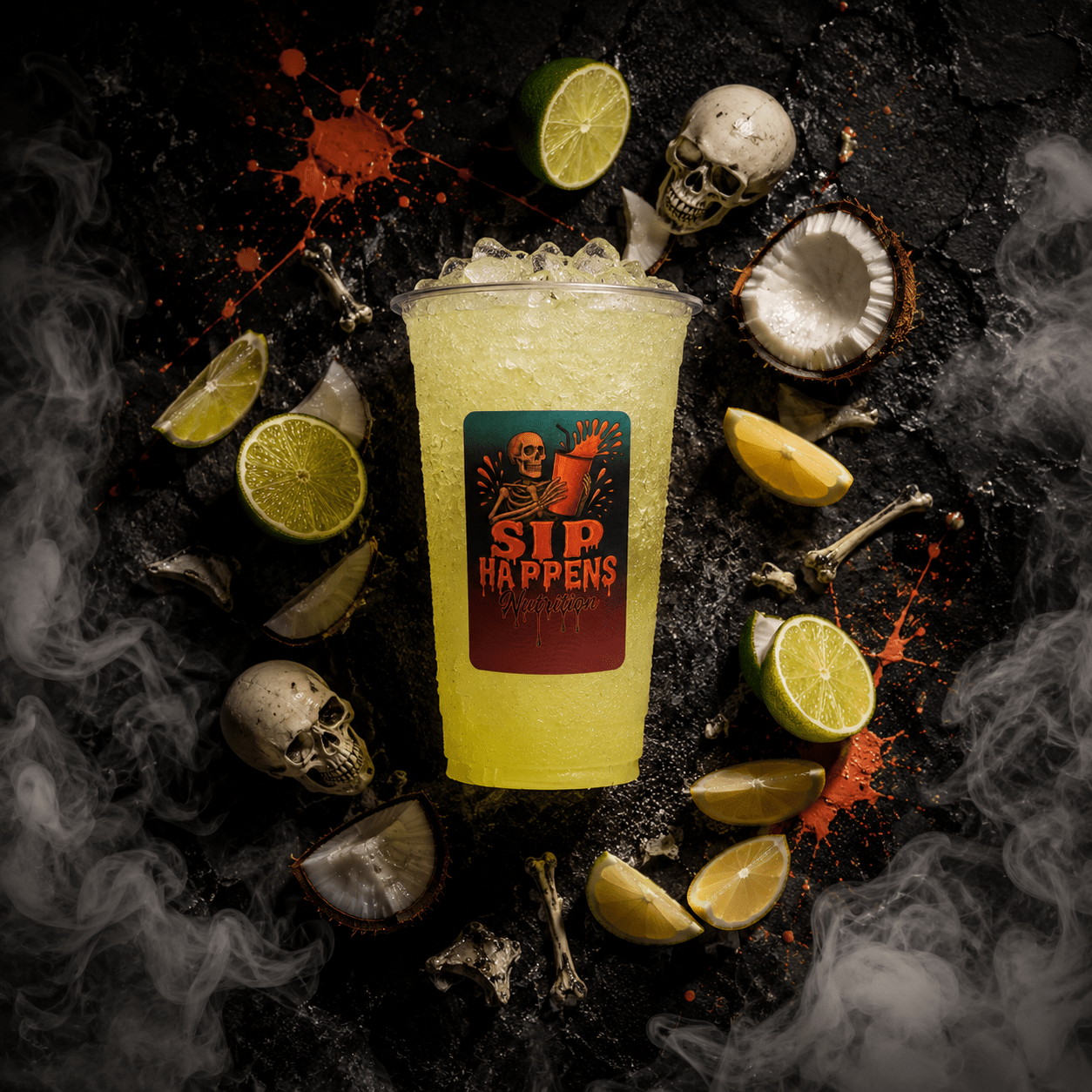 Sip Happens Nutrition iced drink in a branded cup surrounded by lime slices, coconut, skulls, and dramatic smoky Halloween styling