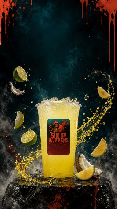 Sip Happens Nutrition iced yellow drink with lime and coconut pieces, surrounded by splashing liquid and dramatic dripping red backdrop