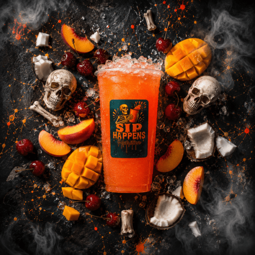 Sip Happens Nutrition orange iced drink surrounded by mango, peach, cherries, coconut, skulls, and bones on a dark surface