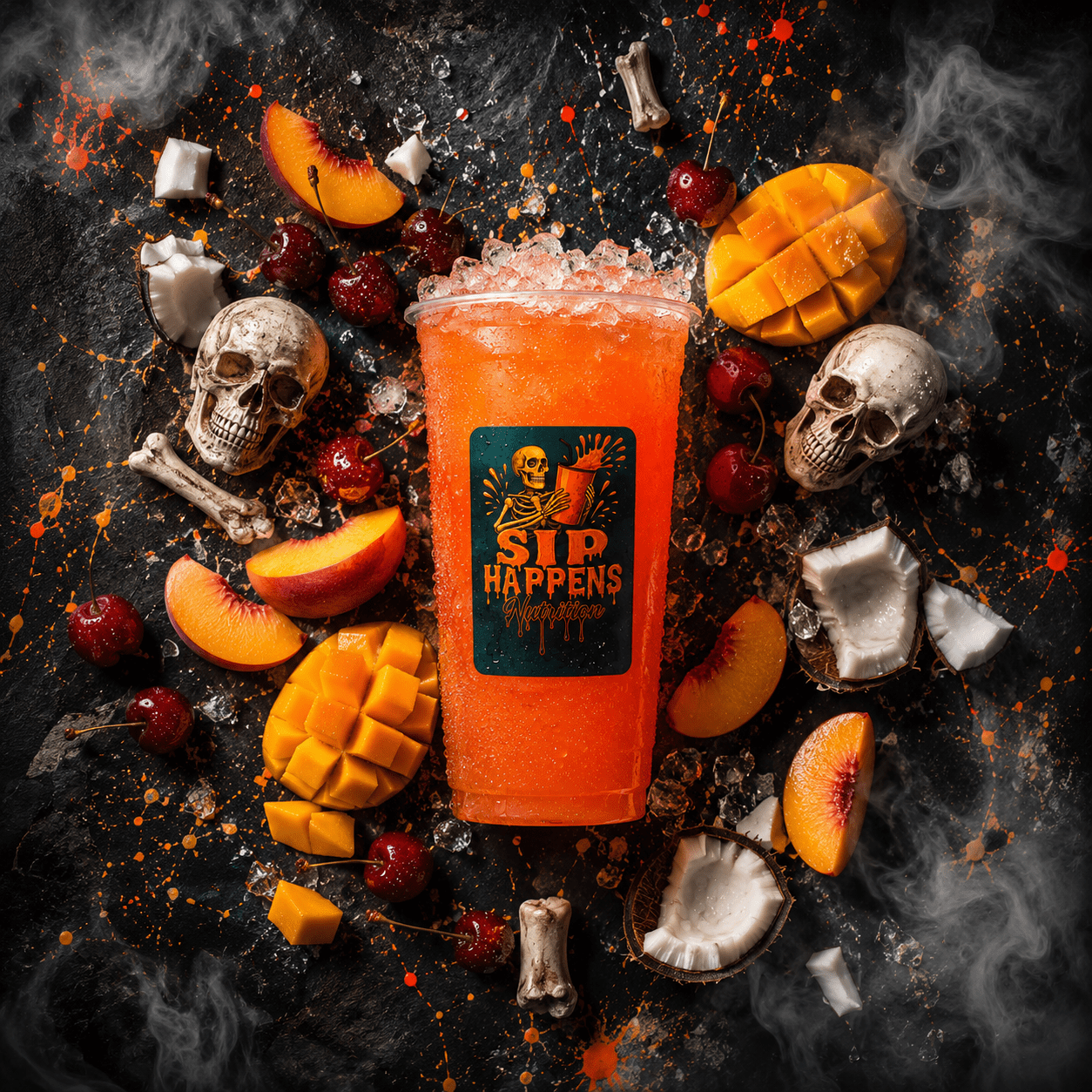 Sip Happens Nutrition orange iced drink surrounded by mango, peach, cherries, coconut, skulls, and bones on a dark surface