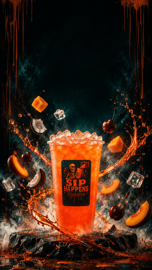 Sip Happens Nutrition iced orange drink surrounded by splashing liquid, cherries, peach slices, mango, and coconut pieces