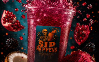 Sip Happens Nutrition drink cup splashing with a red berry blend, surrounded by pomegranate, blackberries, dragon fruit, and coconut