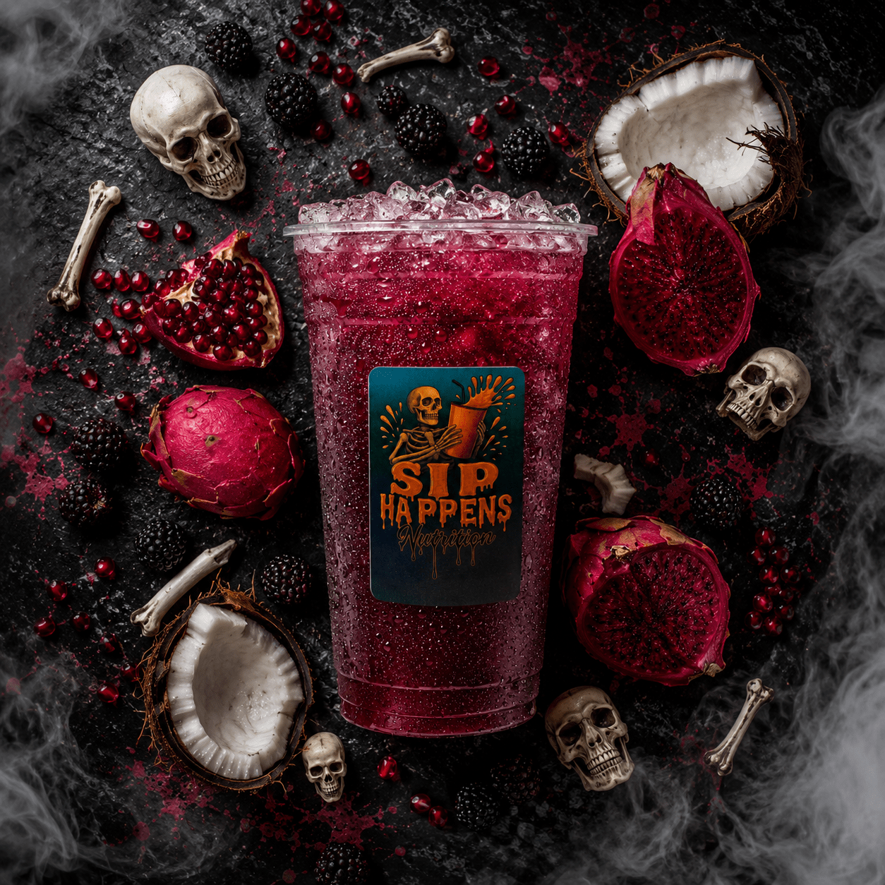 Sip Happens Nutrition iced drink in a spooky Halloween-themed display with dragon fruit, pomegranate, blackberries, coconut, skulls, and bones