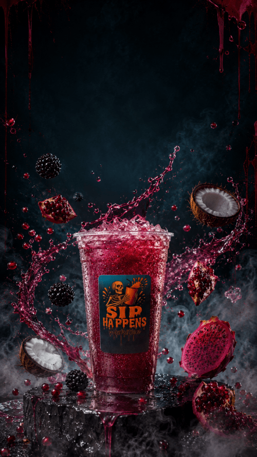 Sip Happens Nutrition iced drink splashing with pomegranate, blackberries, coconut, and dragon fruit on a dark dramatic background